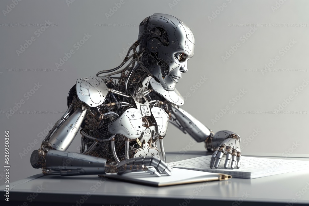 Aufkleber robot is sitting at a table on a light background, and before him lay diary and pen. generative ai
