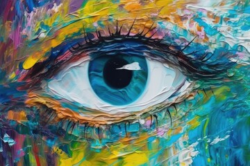 Conceptual abstract picture of the eye. Oil painting in neon colors. Conceptual abstract closeup of an oil painting - Generative AI