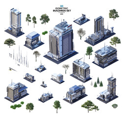 Isometric city constructor. Realistic urban 3D skyscrapers, business towers, offices, residential houses, commercial buildings, tree set. City design elements, megapolis town skyscraper, transparent