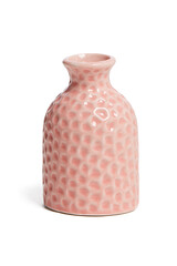 Close-up shot of an empty small ceramic vase covered with glaze. A pink glossy vase with a narrow neck is isolated on a white background. Home decor element. Front view.