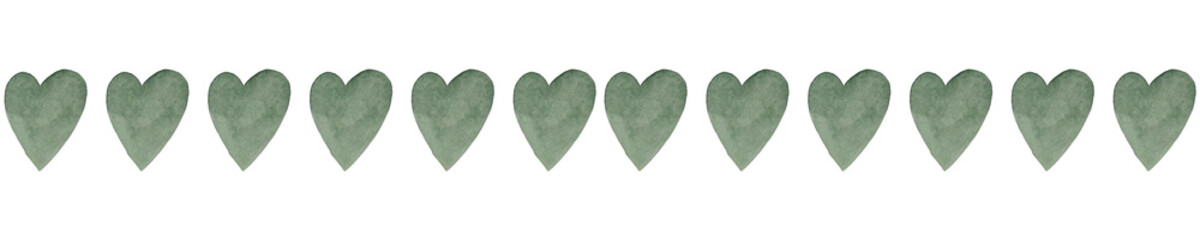 Border made of green hearts. Isolated watercolor drawing. White background