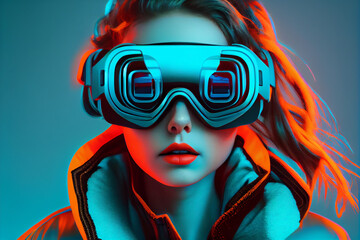 Generative AI illustration of female virtual player with virtual reality headset exploring futuristic cyberspace against blue background