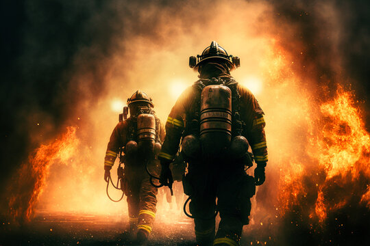 Generative AI illustration of firefighters in uniform and with oxygen balloons walking forward burning fire