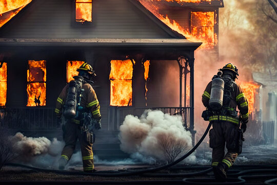 Generative AI illustration of unrecognizable firefighters in protective uniform and helmet with fire extinguisher standing near burning building
