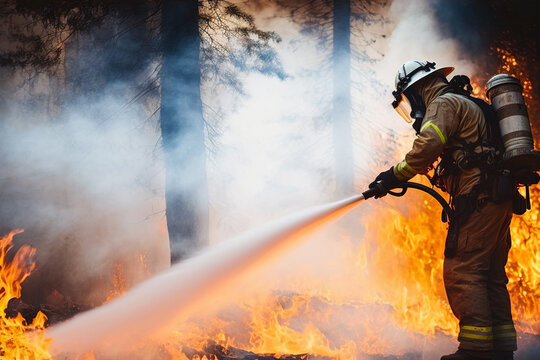 Generative AI image of male firefighter in uniform and helmet extinguishing burning fire while using water spray extinguisher