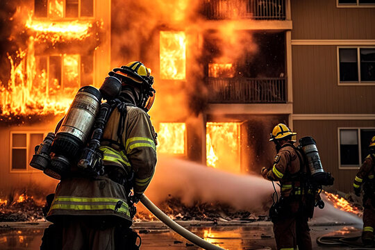 Generative AI illustration of unrecognizable firefighters in protective uniform and helmet with fire extinguisher standing near burning building