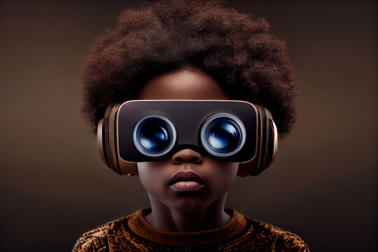 Generative AI illustration of portrait of black child with Afro hairstyle wearing virtual reality glasses while exploring cyberspace