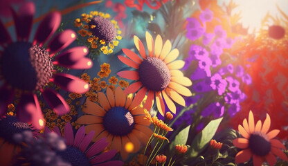 Fototapeta na wymiar Background with beautiful colorful flowers through which the sun breaks through summer sunny day For wedding stationery, greetings, wallpapers, backgrounds, textures, Generative AI.