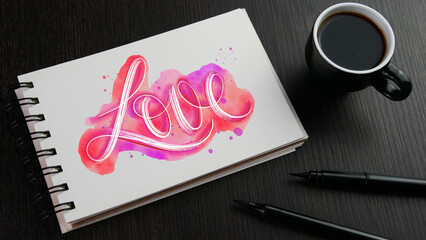 LOVE hand lettering with watercolor in notebook with cup of espresso and pens on black wooden desk