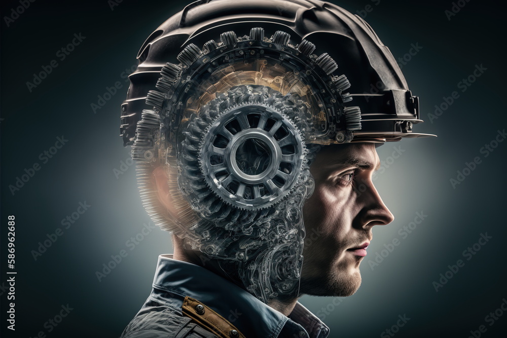 Poster wondrous efficient machinery and productive output double exposure concept. determined and focused e