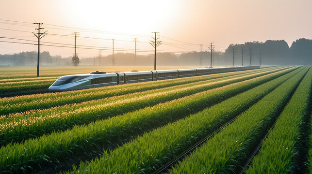 Speed and Efficiency, a Modern Bullet Train Cutting Through the Countryside, Generative AI
