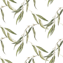 Fototapeta premium Watercolor Eucalyptus branches seamless pattern. Digital painted trendy print.