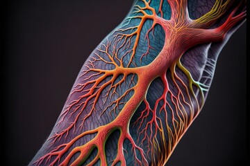 colorful tattooed arm, with a pattern that mimics the veins and arteries right elbow created with Generative AI technology