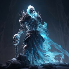 Skeleton knight standing in a dark and frozen crypt, holding a weapon and emanating an evil presence - obrazy, fototapety, plakaty