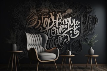 Modern living room interior with armchair, coffee table, plant and hand drawn lettering. Design concept
