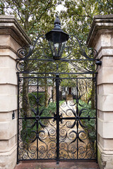 Elegant wrought iron alley gate with decorative leaves and rosettes topped by gaz lamp, Charleston,...