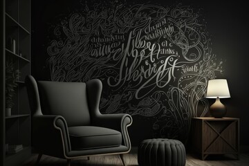 Modern living room interior with black armchair, lamp and hand drawn lettering