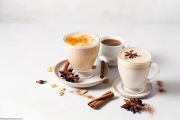 Winter drinks, including spiced coffee and masala tea, arranged on a white background