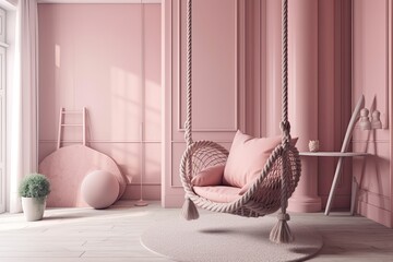 Luxury indoor swing. Monochrome pink rope swing with cushions on pastel pink. Relaxing fashion idea. Generative AI