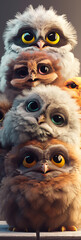 Super Cute Adorkable Fluffy Owl Sitting On Each Other In Shape Of Assorted Stack Generative Ai Digital Illustration Part#300323