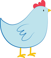 Vector illustration of blue chicken character in cartoon style. Digital farm chicken icon for Easter design
