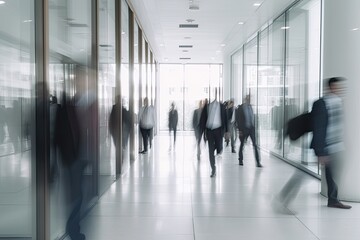 Crowd of business people walking in office fast moving with blurry business decks glas fronts - Generative AI