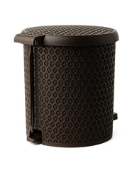 Plastic trash can with lid on white background