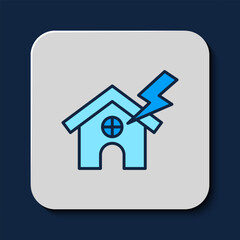 Filled outline House and lightning icon isolated on blue background. House with thunderbolt for house or property insurance symbol. Vector