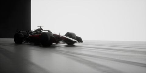 Silhouette of a modern generic sports racing car standing in a dark garage against huge LED screen. Copy space. 3d rendering, horizontal orientation