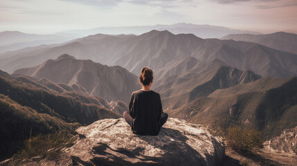 Fototapeta premium Fitness girl from the back, meditating in front of a beautiful mountains, relax, calm, practicing yoga,generative ai