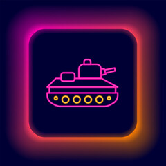 Glowing neon line Military tank icon isolated on black background. Colorful outline concept. Vector