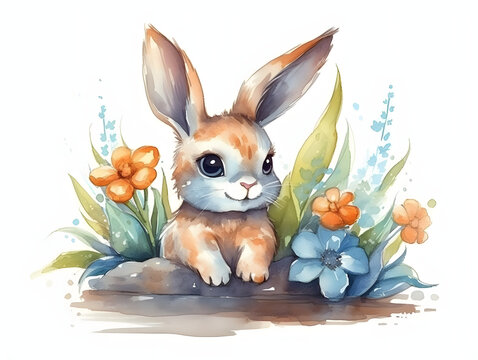 recommend clip art: Cute Watercolor Little Easter Bunny with Spring Flowers. Watercolor Easter Illustration. Generative Ai