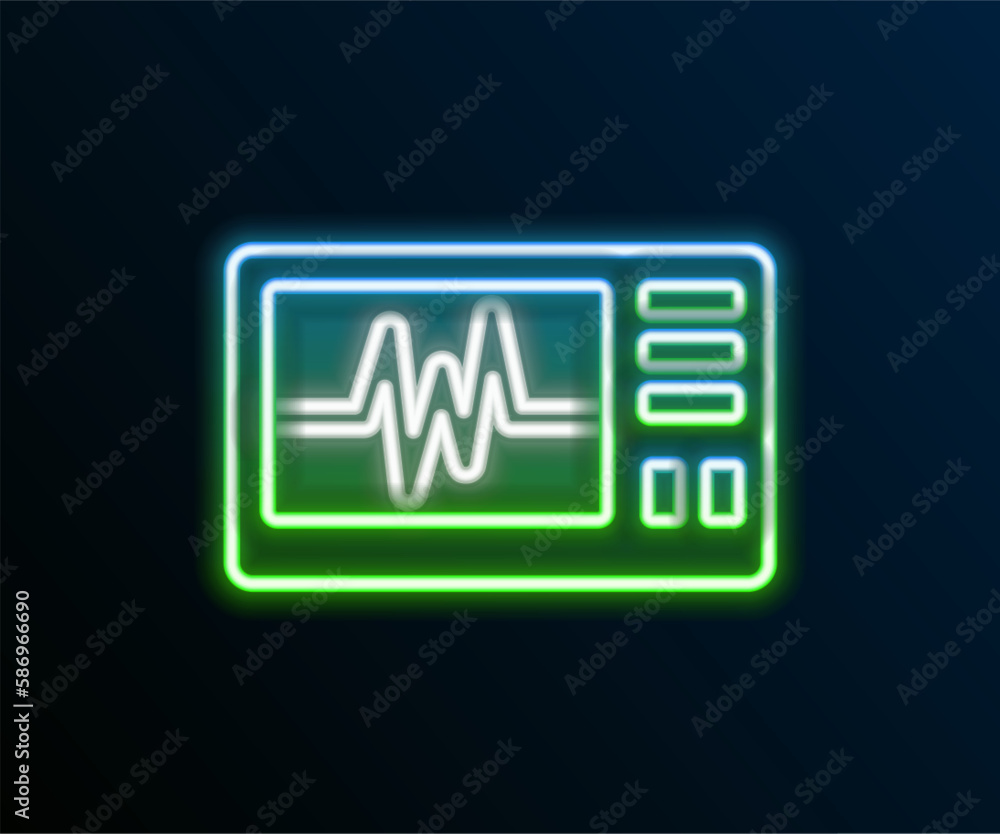 Aufkleber glowing neon line computer monitor with cardiogram icon isolated on black background. monitoring ico