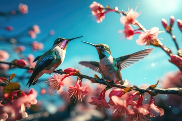 Hummingbirds in the air over flowers, Spring flowers