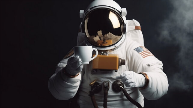 Astronaut drinking coffee in space. Generative AI.