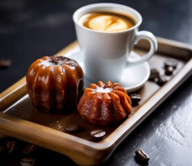 Café au lait avec des cannelés au rhum, cœur dessiné dans la crème du café  "latte art", le tout présenté dans un plateau en bois