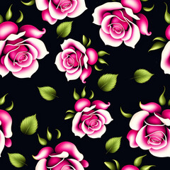 Seamless floral pattern. Pink roses on a black background