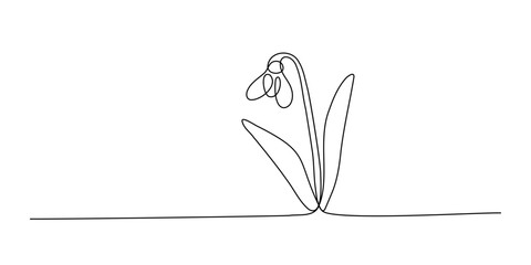 One line art growing flower. Single continuous line of spring snowdrop. The concept of the arrival of spring, Earth day.