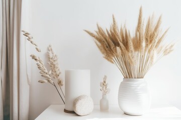 Items for the interior made of gypsum. modern interior decor. Hygge, family, Scandinavian design, and lagom. cozy aesthetic. Copy space. Generative AI