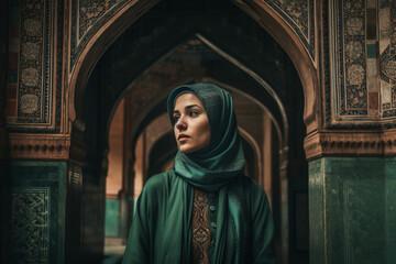 muslim young girl praying on a mosque, generative ai