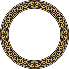 Vector gold and black Kazakh national round pattern, frame. Ethnic ornament of the nomadic peoples of Asia, the Great Steppe, Kazakhs, Kirghiz, Kalmyks, Mongols, Buryats, Turkmens