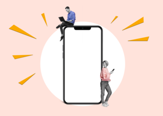 Art collage. Full body side view young woman lean on blank screen mobile cell and a young man sitting on the spartphone. Isolated Free PNG Background. Teamwork concept