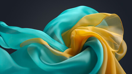 Abstract background of a semitransparent silk fabric of cyan and yellow color. Generative AI