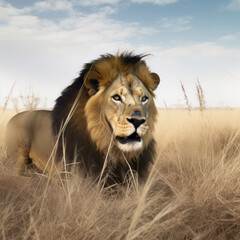 A big lion in the African savanna. Landscape with characteristic trees on the plain and hills in the background.
