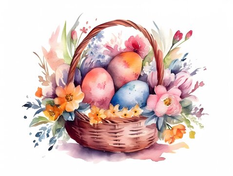 recommend clip art: Watercolor CUte Easter Eggs in Basket with Tender Flowers. Watercolor Spring Holiday Decorative Illustration isolated on white bcakground. Fenerative Ai