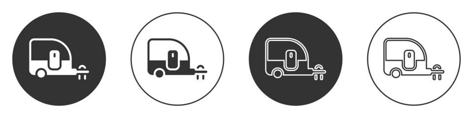 Black Rv Camping trailer icon isolated on white background. Travel mobile home, caravan, home camper for travel. Circle button. Vector
