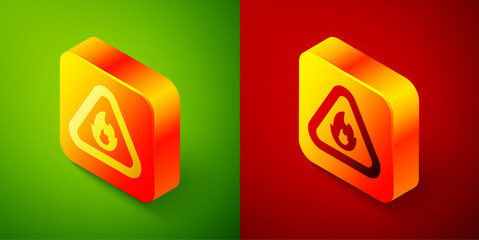Isometric Fire flame in triangle icon isolated on green and red background. Warning sign of flammable product. Square button. Vector