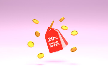 3D Rendering. Price tag with 20 percent discount and surrounded with coins on pastel pink background. Special Offer 20% Discount Tag. Super sale offer and best seller.