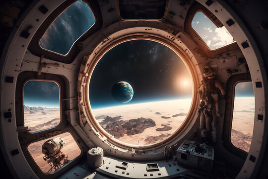 A view of earth and sun from a window inside a  space shuttle. Generative AI - Powered by Adobe