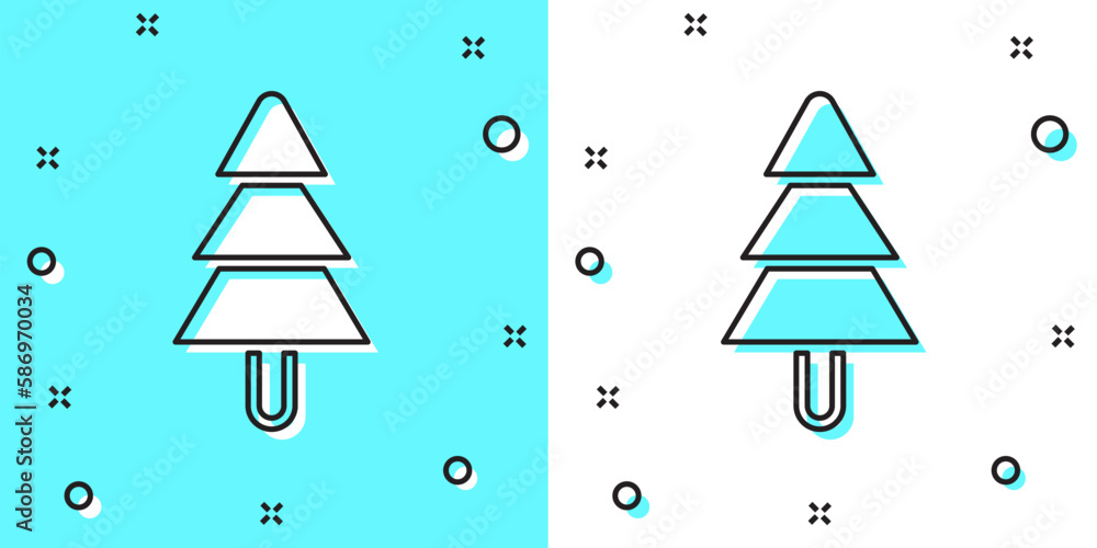 Poster Black line Tree icon isolated on green and white background. Forest symbol. Random dynamic shapes. Vector